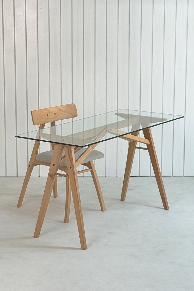 Akrobat Kayın Masif Ayaklı Cam Çalışma Masası, Ahşap Çalışma Masası, Iskandinav Masa, Modern masa - 1