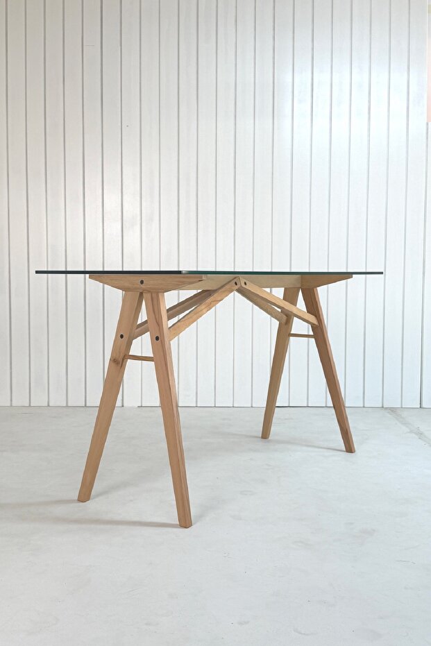 Akrobat Kayın Masif Ayaklı Cam Çalışma Masası, Ahşap Çalışma Masası, Iskandinav Masa, Modern masa - 5