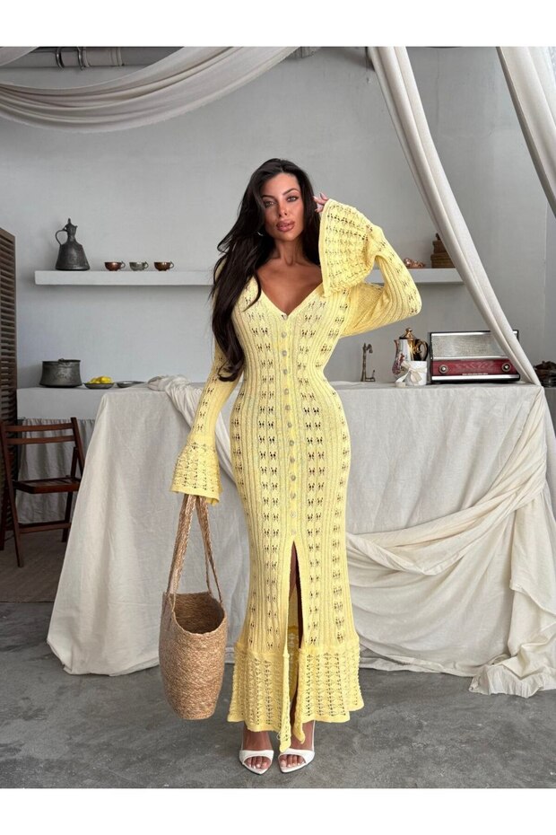 Women's Yellow Buttoned Openwork Spanish Sleeve Long Knit Cardigan (New Color)