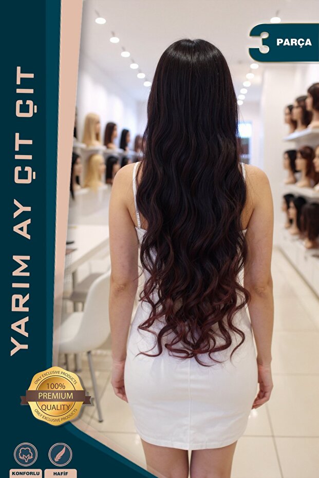 Fiber Synthetic Wavy Half Moon + 2 Side Snaps - Dark Red