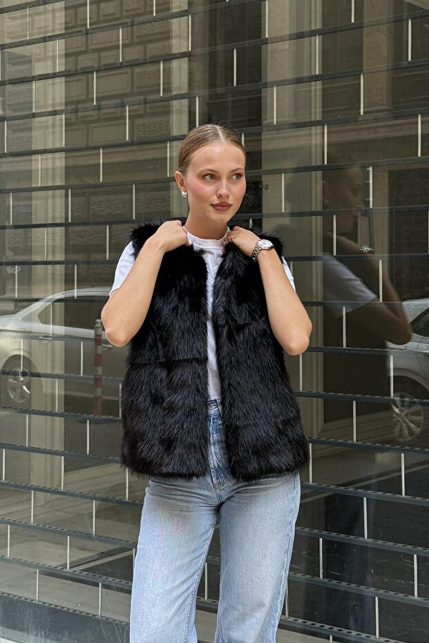 Faux Fur Sleeveless Shiny Vest Black