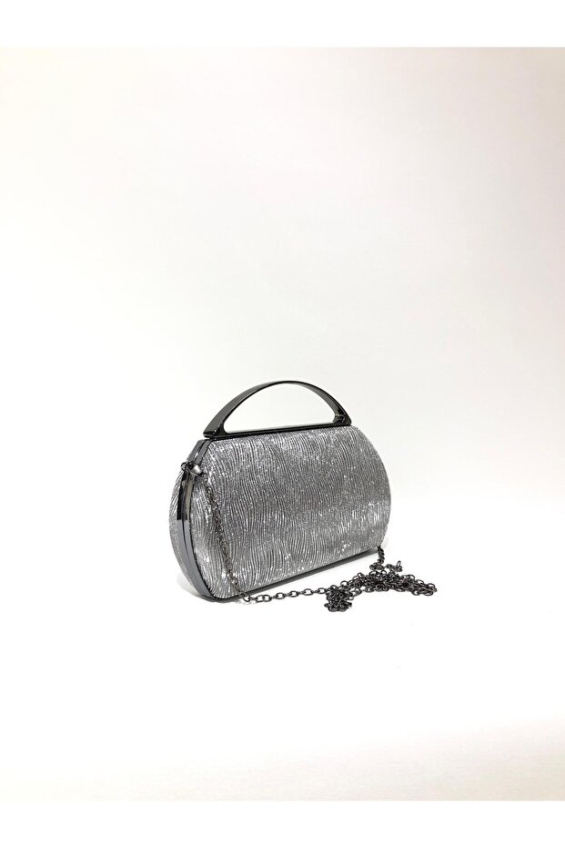 Platinum Color Laser Fabric Stylish Evening Dress Clutch Portfolio Chain Strap Handheld Wedding Engagement Evening Shoulder Bag