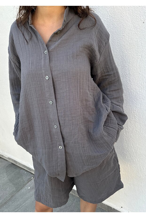 %100 Pamuk Müslin Oversize Şort - 1