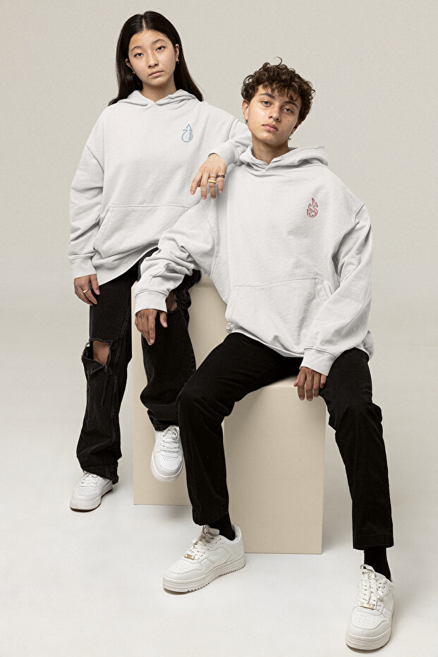 Fire and Water Printed Lover Hoodie - Women's Men's Oversize Couple Sweatshirt White