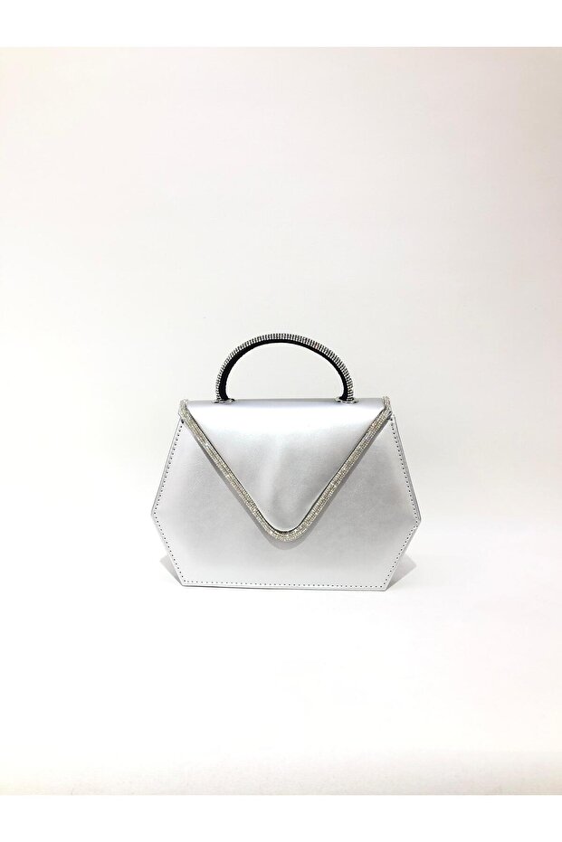 Silver Color Faux Leather Envelope Clutch Evening Bag with Rhinestone Cover Chain Strap Handheld Wedding Engagement Evening Bag