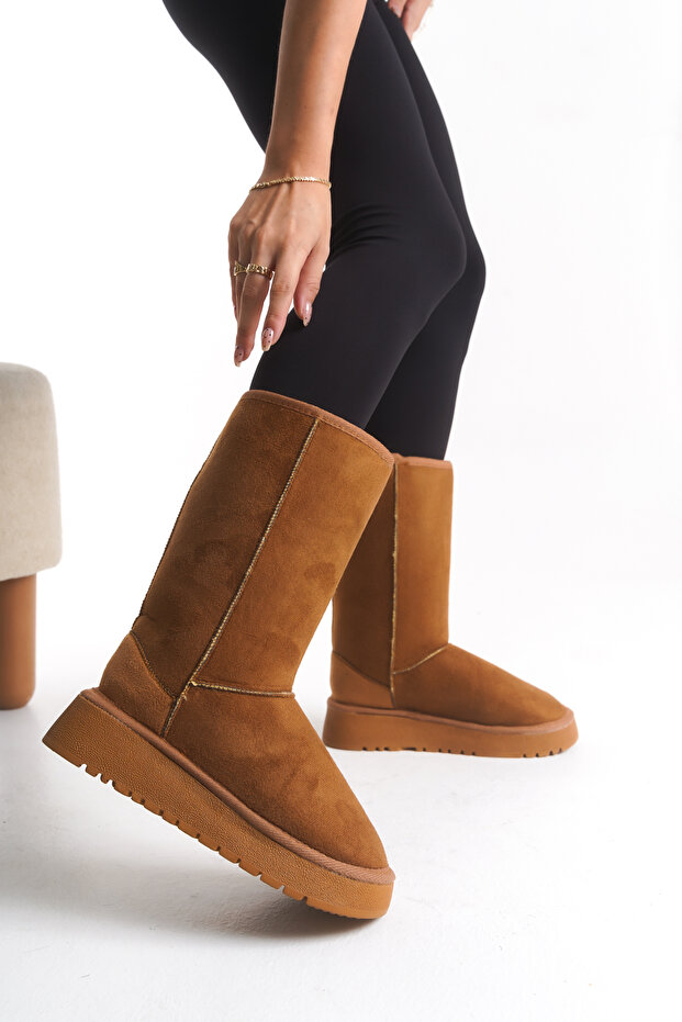 Women's Tan Suede Boots Long Length Winter Boots with Fur Inside Thick Sole Boots - Classic