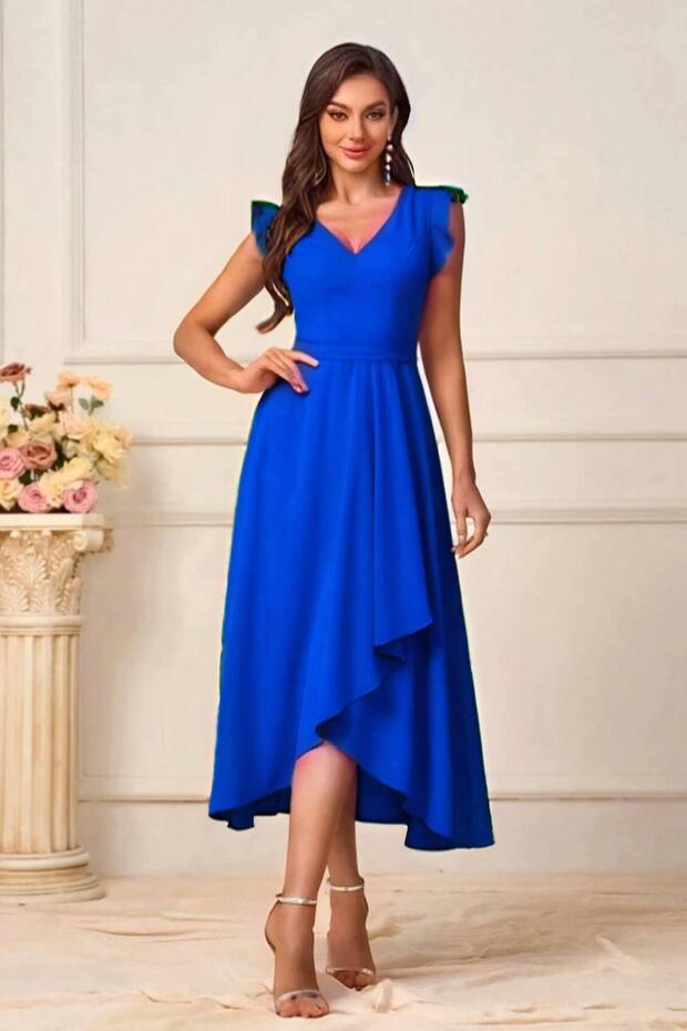 Flounce V-Neck Midi Length Crepe Dress