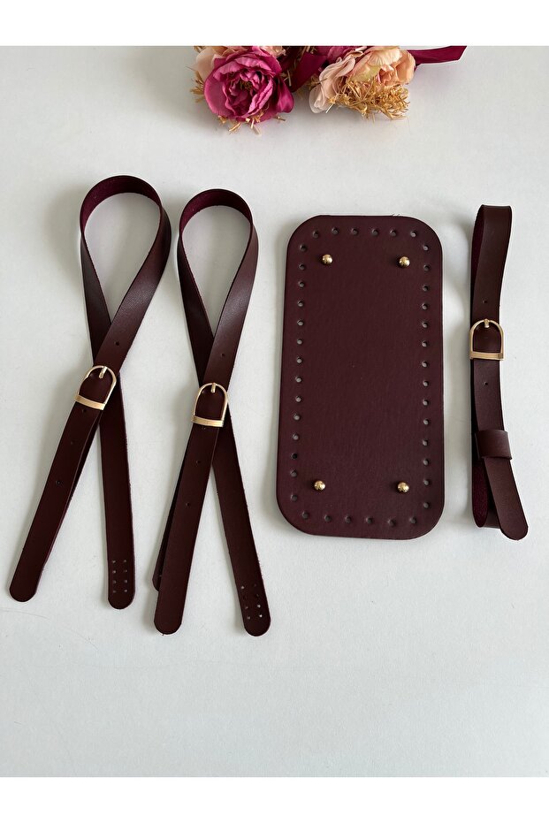 Bag Base Set for Knitted Bags Burgundy Color - Sewable Strap, Base and Hat Belt Set