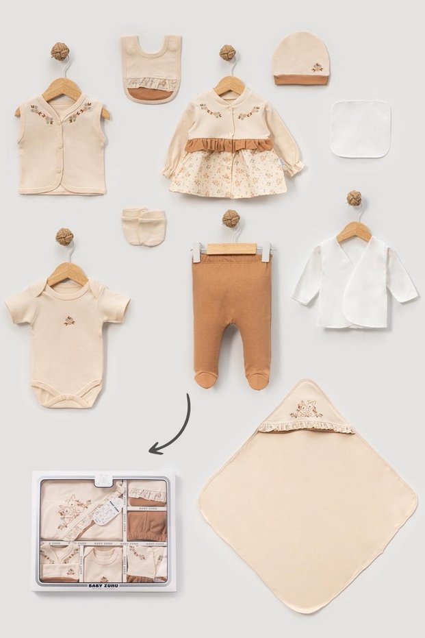 Baby Girl 100% Cotton Newborn Boxed 10 Piece Hospital Discharge Set Cream
