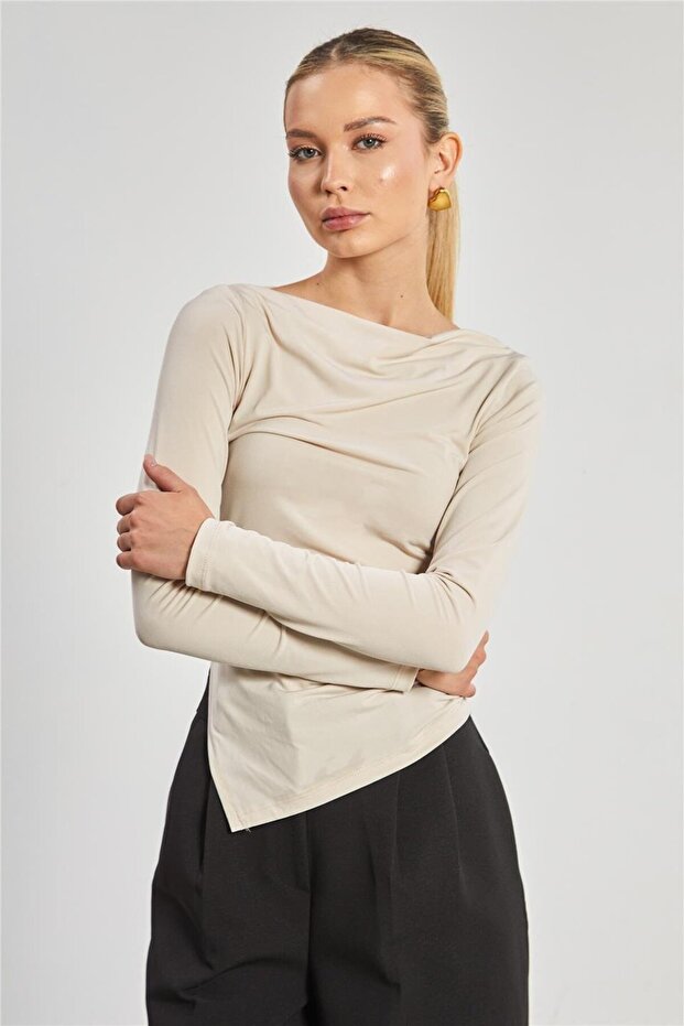 Boat Neck Women's Long Sleeve Bodysuit - Stone Color
