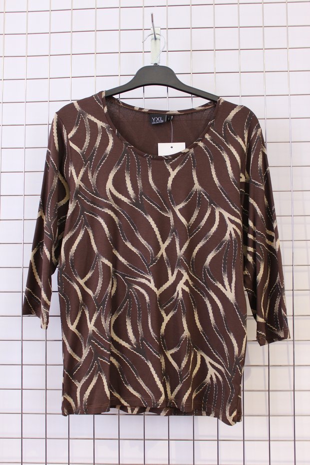 Women's Plus Size Lycra Crew Neck Patterned Three Quarter Sleeve Mother Combed Cotton T-Shirt Blouse - Brown
