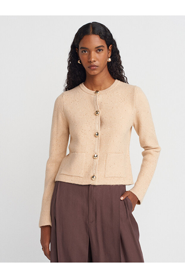 60935 Crew Neck Sequined Glitter Buttoned Knitwear Cardigan-Beige