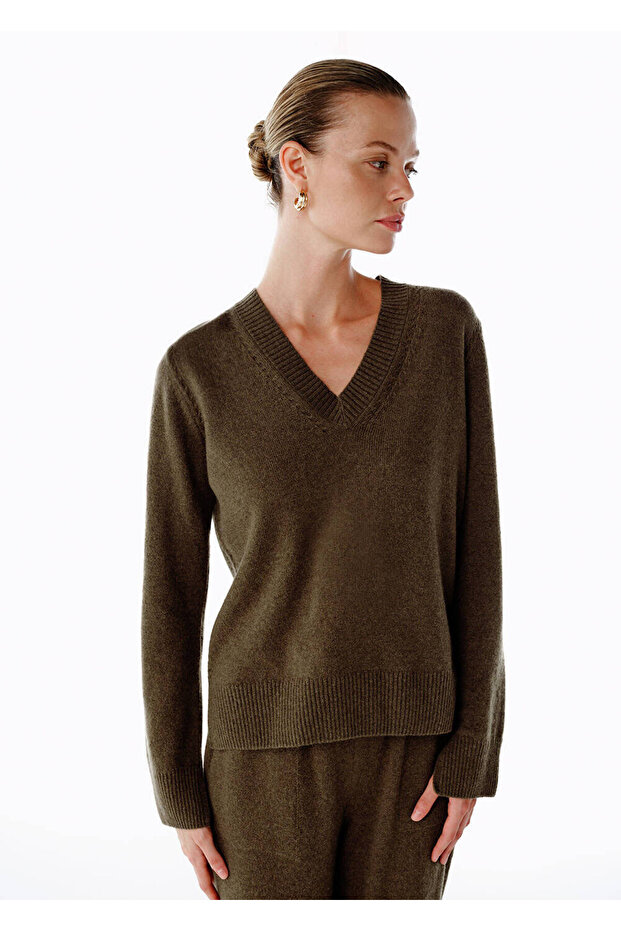 Haki V Yaka Kaşmir Triko - 4