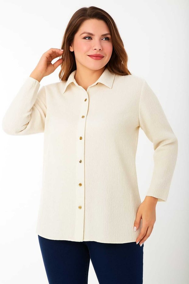 Women's Plus Size Ecru, Wrinkled Fabric, Sleeve and Hem Baby Overlock Detailed Shirt 65N39134