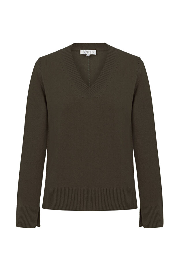 Haki V Yaka Kaşmir Triko - 6