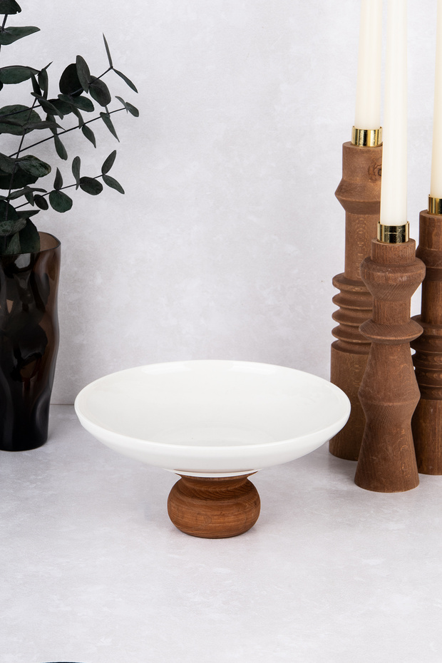 Porcelain Serving Dish with Wooden Legs, Cake Stand Cheese Plate, Fruit Plate, Pastry Display Stand