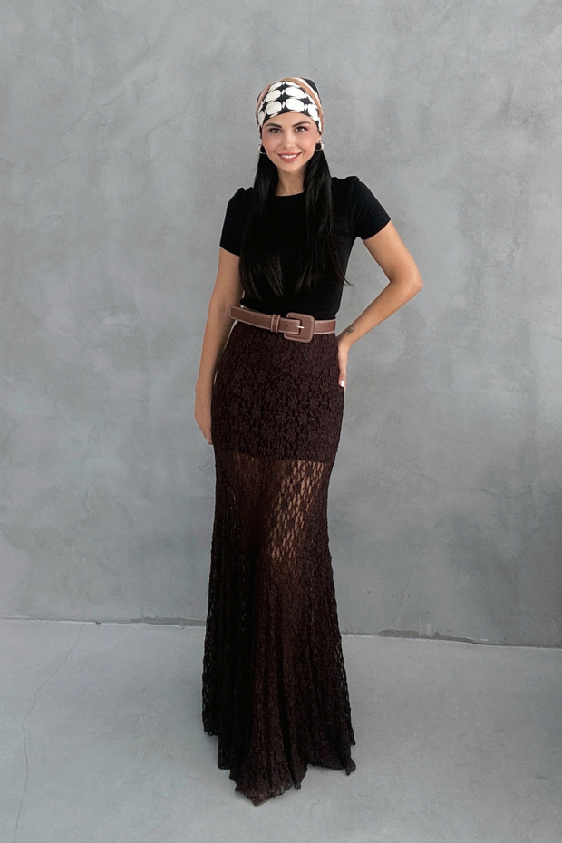 Kahve Dantelli Santorinİ Uzun Etek - 1