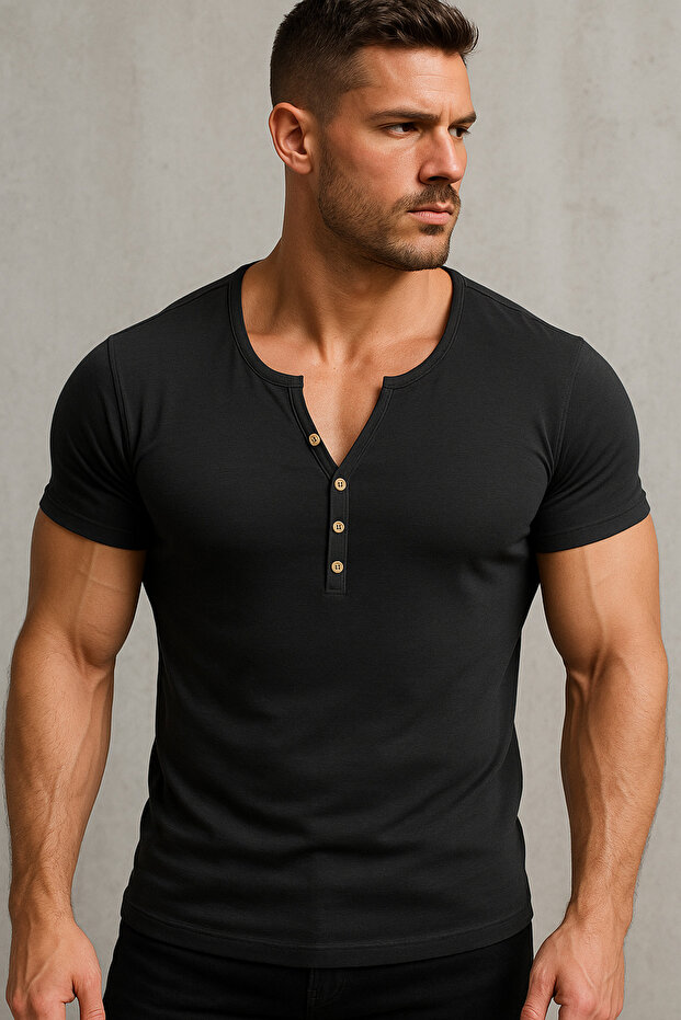 Special Edition Black Henley Dirty Collar Slim Fit Buttoned Open Wide Collar T-Shirt