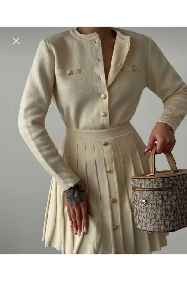 Women's Gold Buttoned Sweater & Pleated Skirt Knitwear Set Zyn-58809