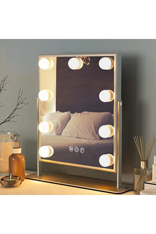® Makeup Mirror with 9 LED Lights, Adjustable Colors, Touch Control, Solid Base, 360°, White - 1