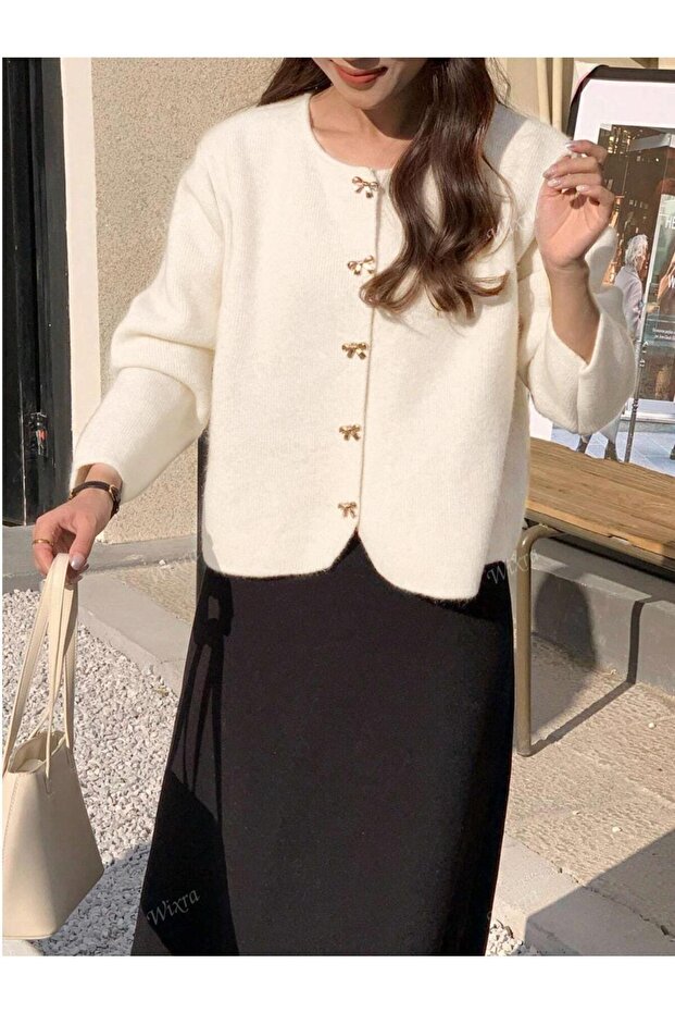 Women's Ecru Bow Buttoned Oval Detailed Knitwear Cardigan