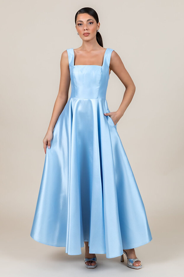 Women's Square Neck Thick Strap Ankle Length Satin Evening Dress 6098 Baby Blue
