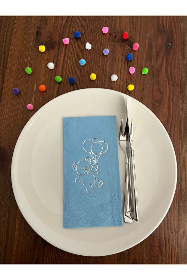 Silver Gilded Blue Cute Bear Printed Waiter Folding Napkin 16 Pieces