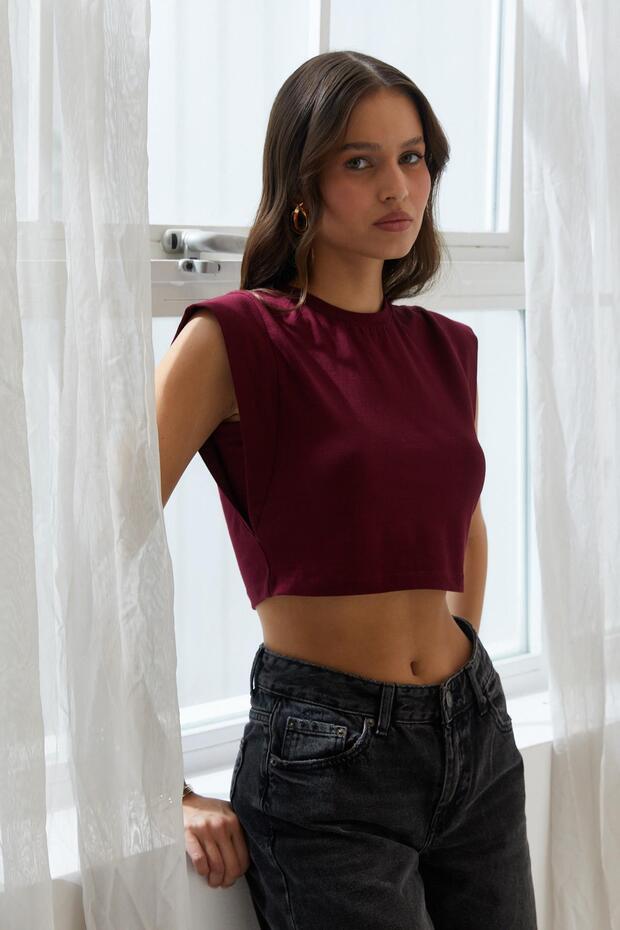 Omzu Padded Crop Blouse Bordo