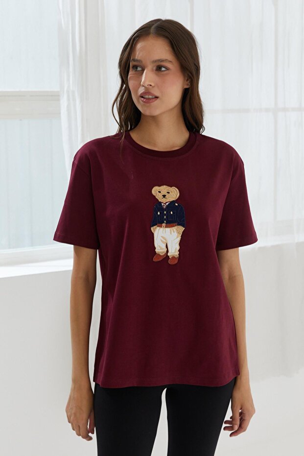 Teddy Embroidered T-Shirt Bordo