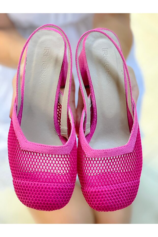 Beron Square Toe Fuchia Net Detail 5 cm Heel Sandals