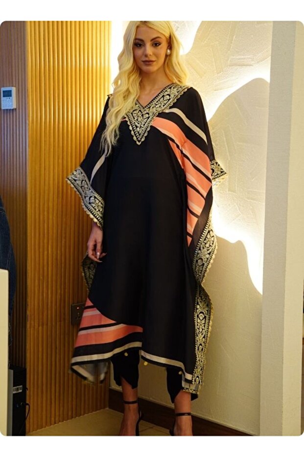 Black Kaftan Set with Pink and Beige Accents