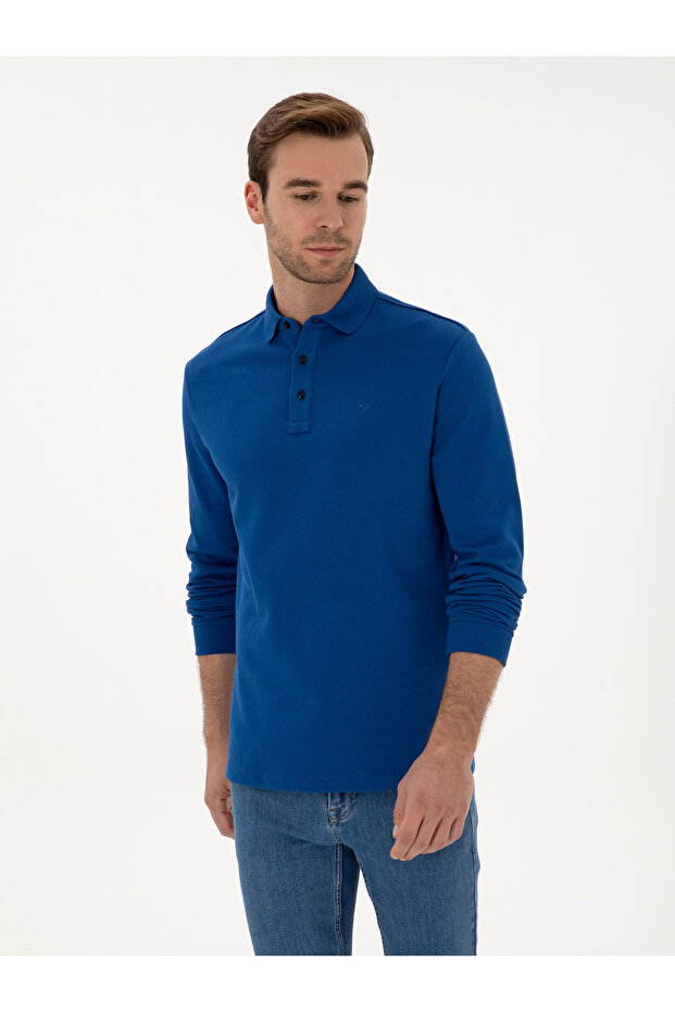 Indigo Regular Fit 100% Cotton 3 Thread Polo Neck Sweatshirt 50318960-Vr028