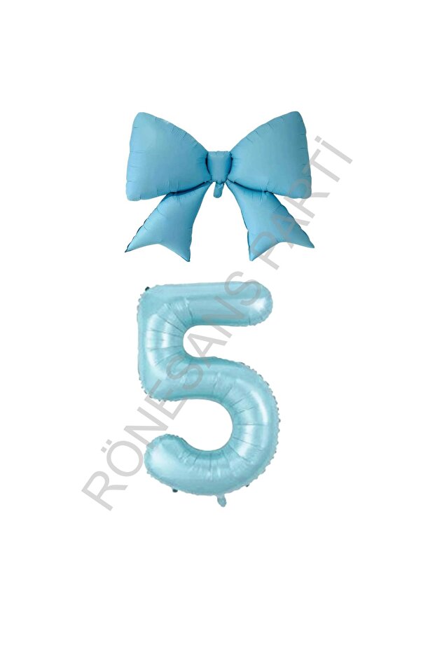 Blue Color Bow Number Foil Balloon Set Age 5