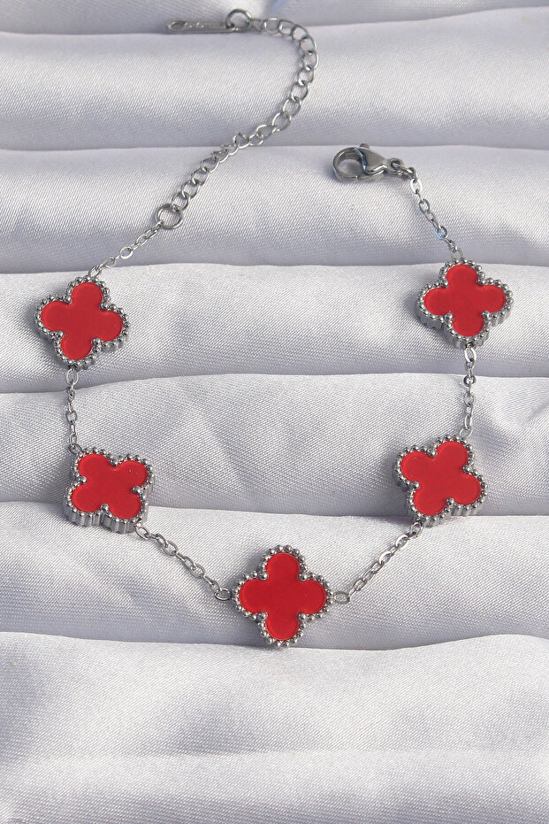 316L Steel Silver Color Red Enamel Clover Bracelet -
