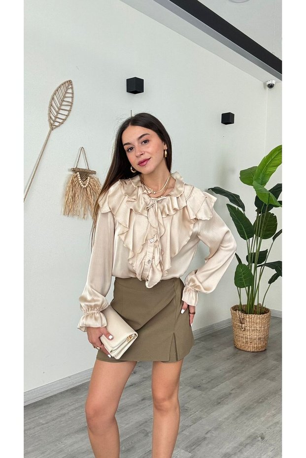 Women's Shirred and Sleeve Detailed Ruffled Tie-Up Chiffon Shirt