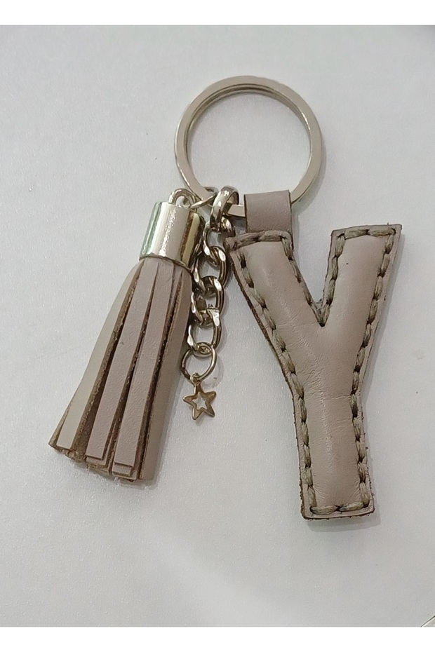 Real Leather Beige Color Letter'Y' Keychain