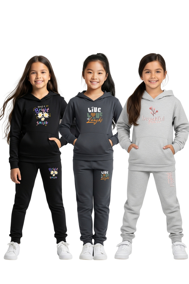 3-Piece Girls' Hooded Kangaroo Pocket Printed Tracksuit Set