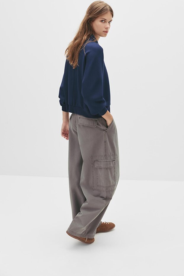 Düz renk bisiklet yaka sweatshirt - 5