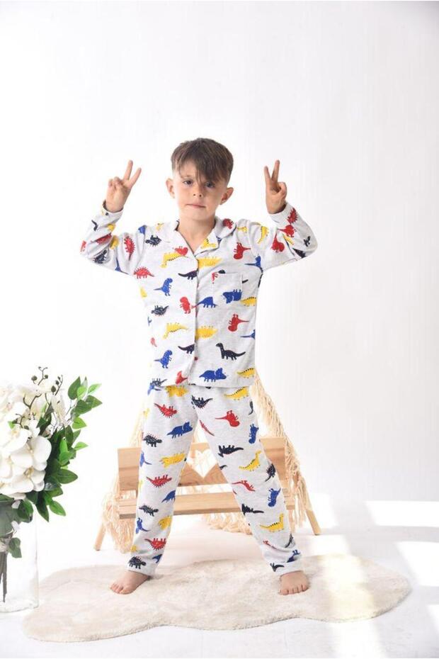 Front button dinosaur patterned children's bottom-top set %100 cotton