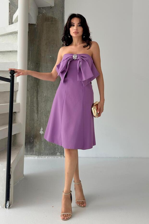 Lilac Bow Detailed Mini Evening Dress