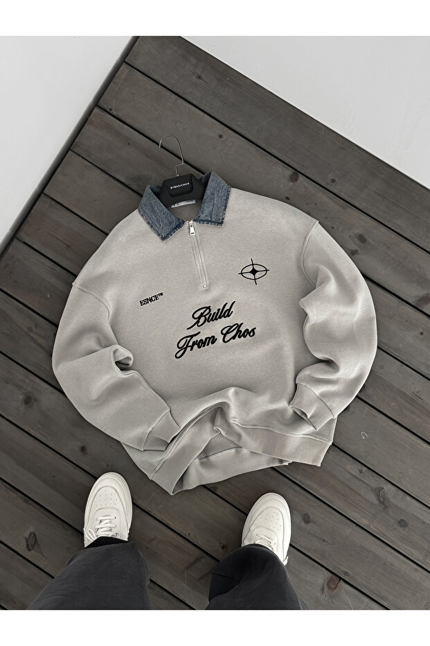 Gri Kot Yaka Build Oversize Sweatshirt ES-71-76 - 7