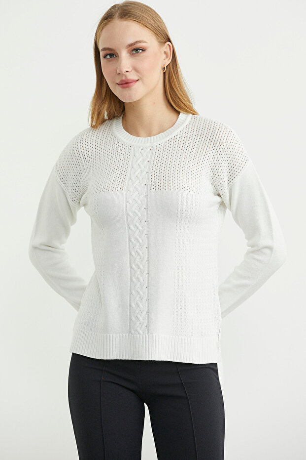 Patterned Long Back Knit Sweater - Bone - 2