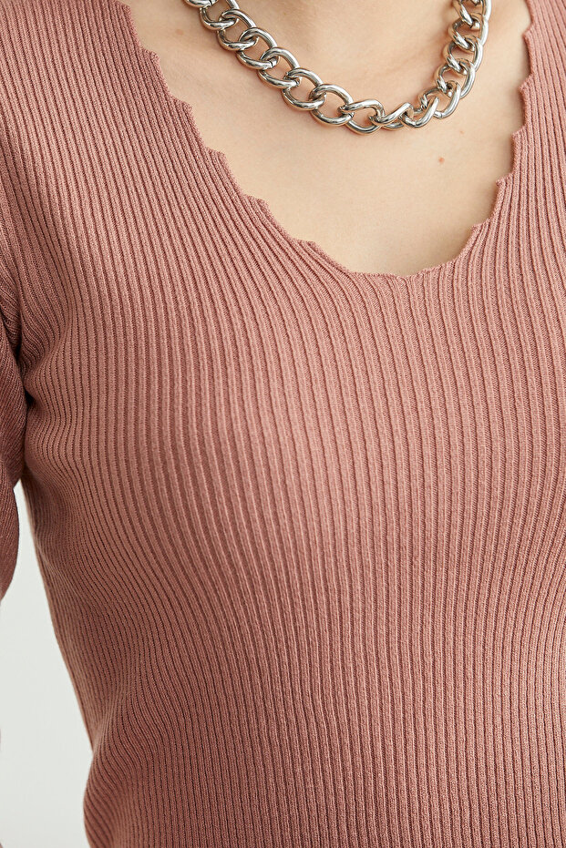 Fitilli Basic V Yaka Triko Kazak - Gül - 5