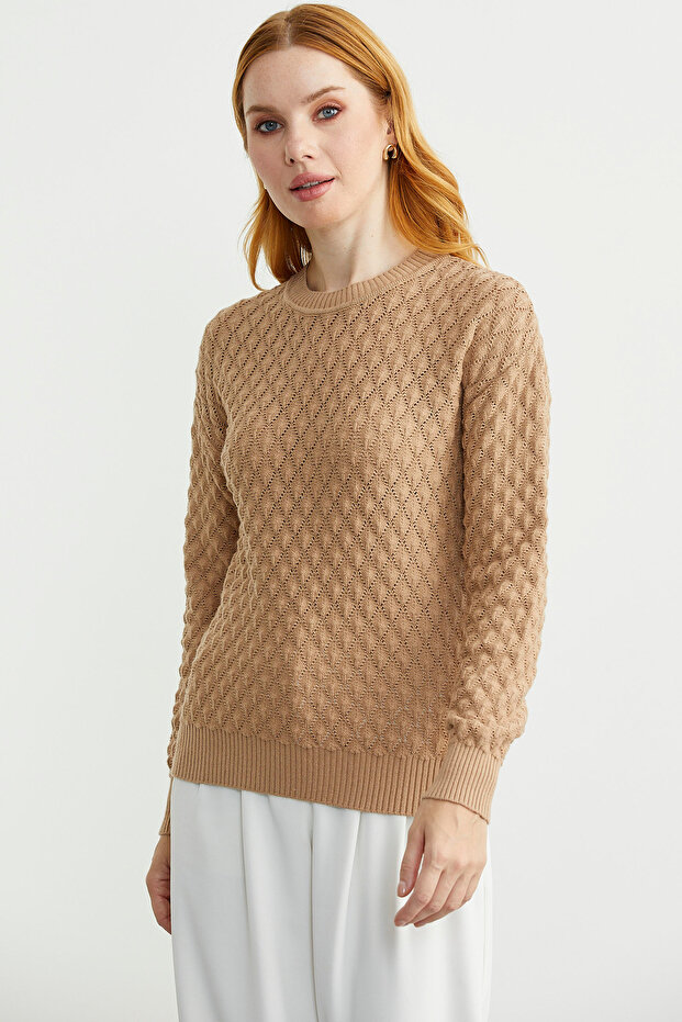 سترة تريكو بياقة دائرية - بيج - 2