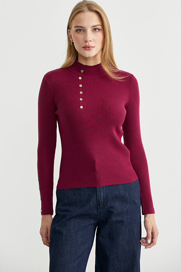 Fitilli Dik Yaka Basic Triko Kazak - Bordo - 1