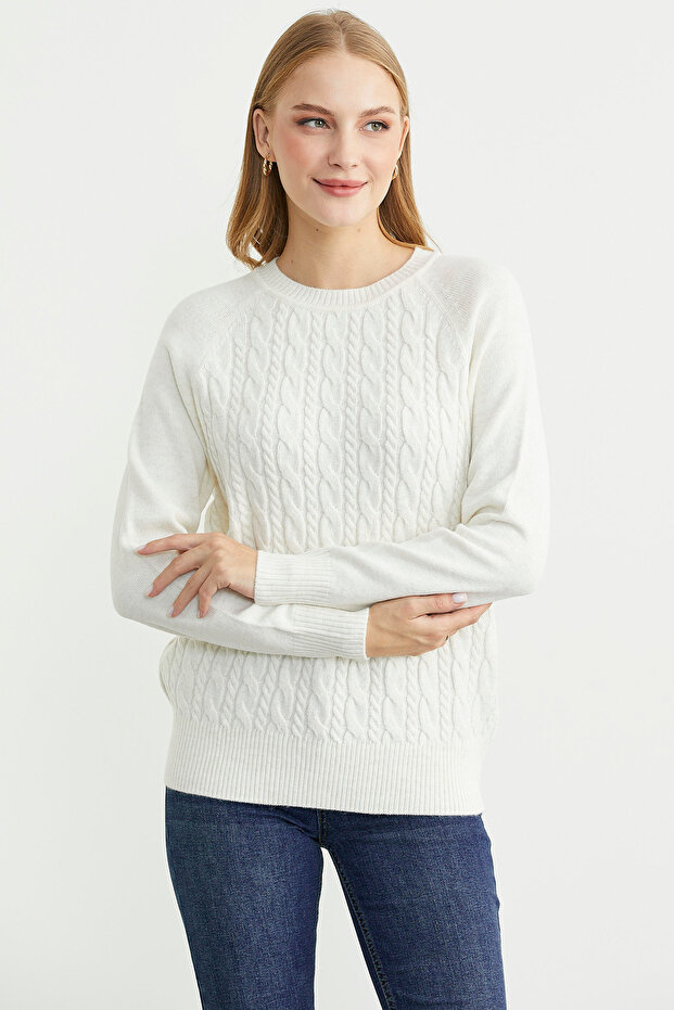 Patterned Crew Neck Sweater - Bone - 4