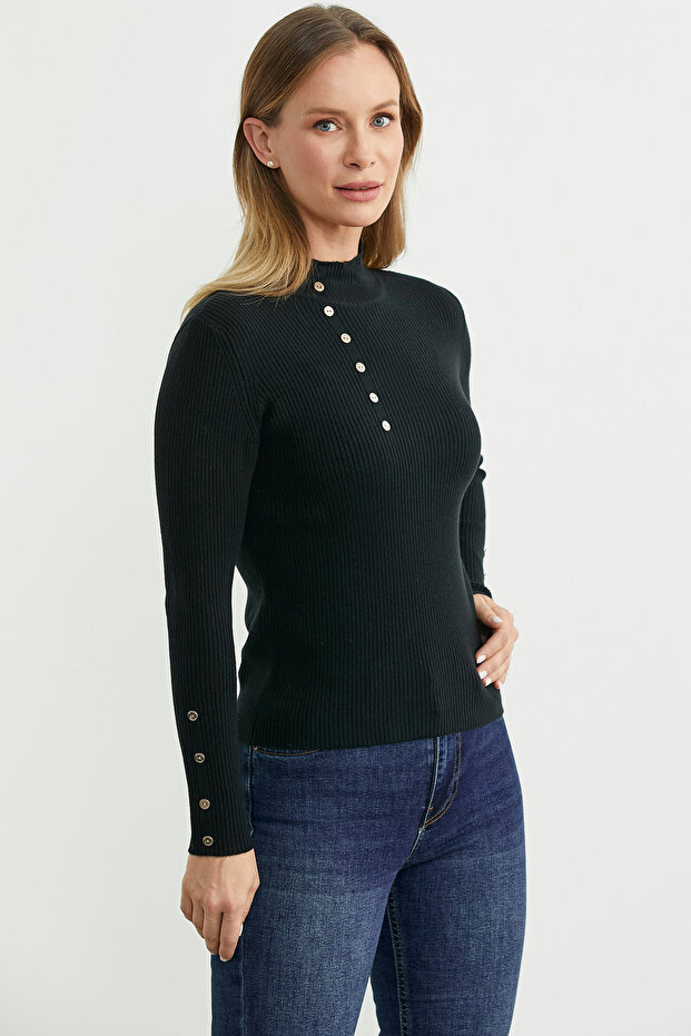 سترة تريكو أساسية بياقة عالية - أسود - 3