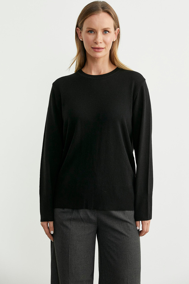 سترة تريكو أساسية من الصوف برقبة دائرية - أسود - 1