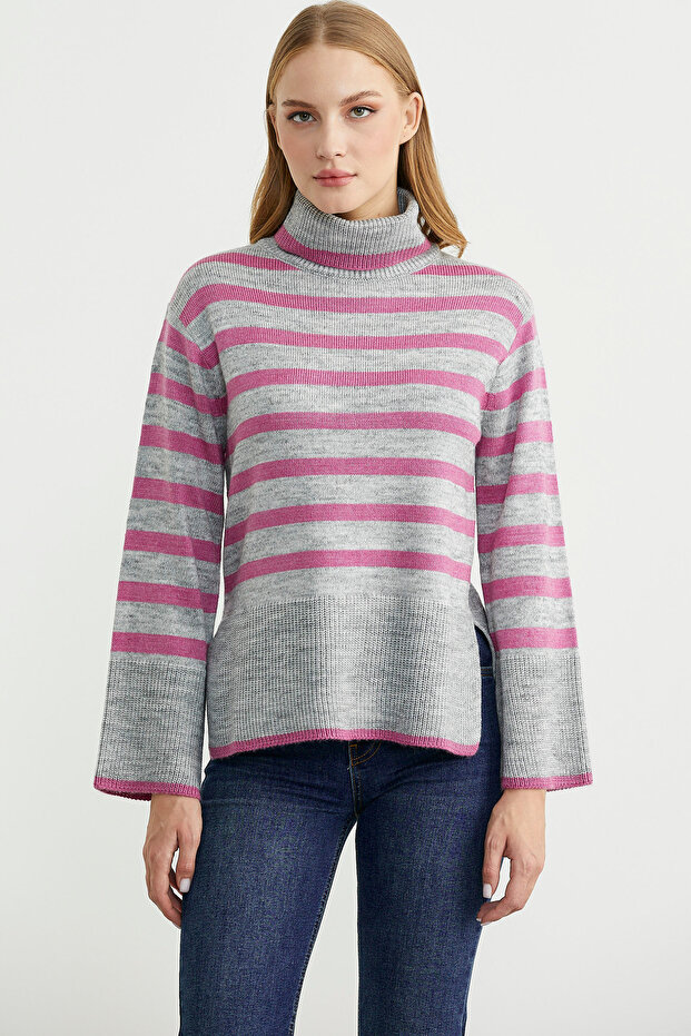 Wool Full Fisherman Striped Knitwear Sweater - Gray
