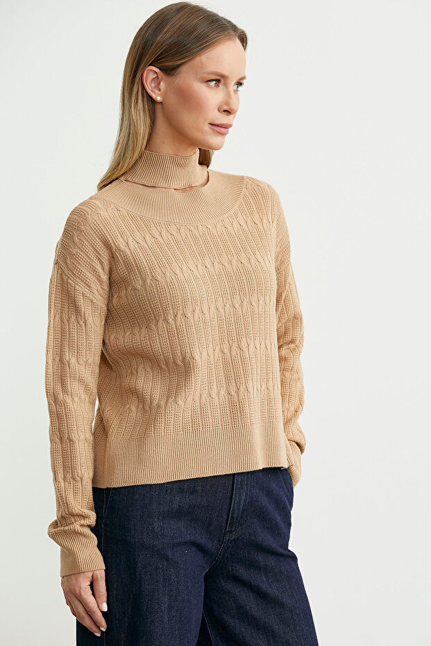 Saç Örgü Basic Dik Yaka Triko Kazak - Kamel - 4